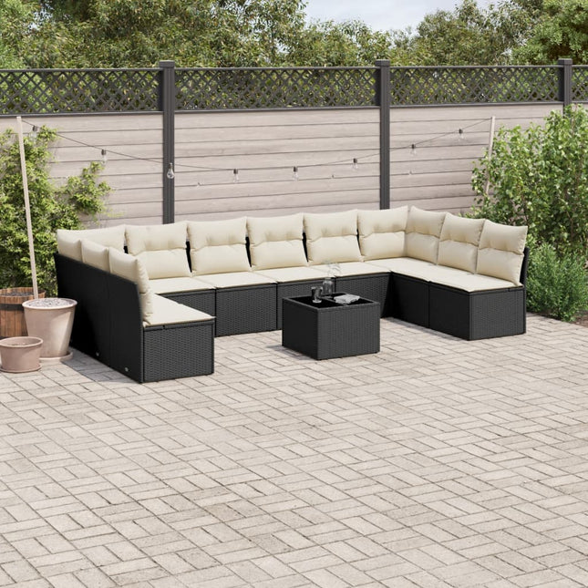 Loungeset met kussens poly rattan Zwart en crème Met tafel