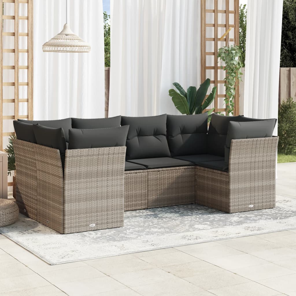 6-delige Loungeset met kussens poly rattan lichtgrijs