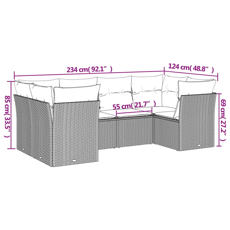 6-delige Loungeset met kussens poly rattan bruin Bruin en crème