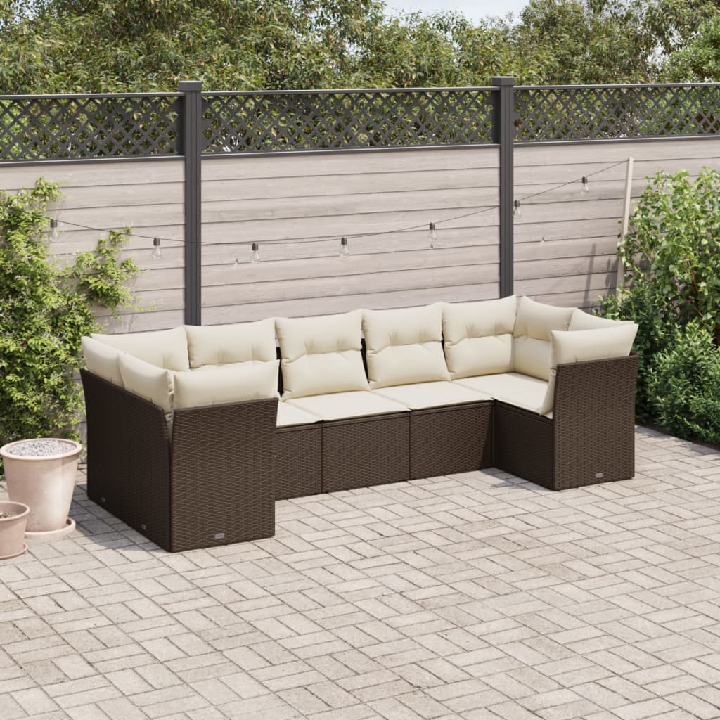 7-delige Loungeset met kussens poly rattan bruin Bruin en crème