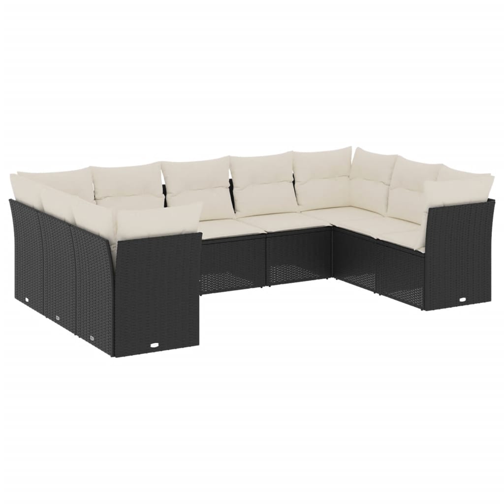 9-delige Loungeset met kussens poly rattan zwart 1 Zwart en crème