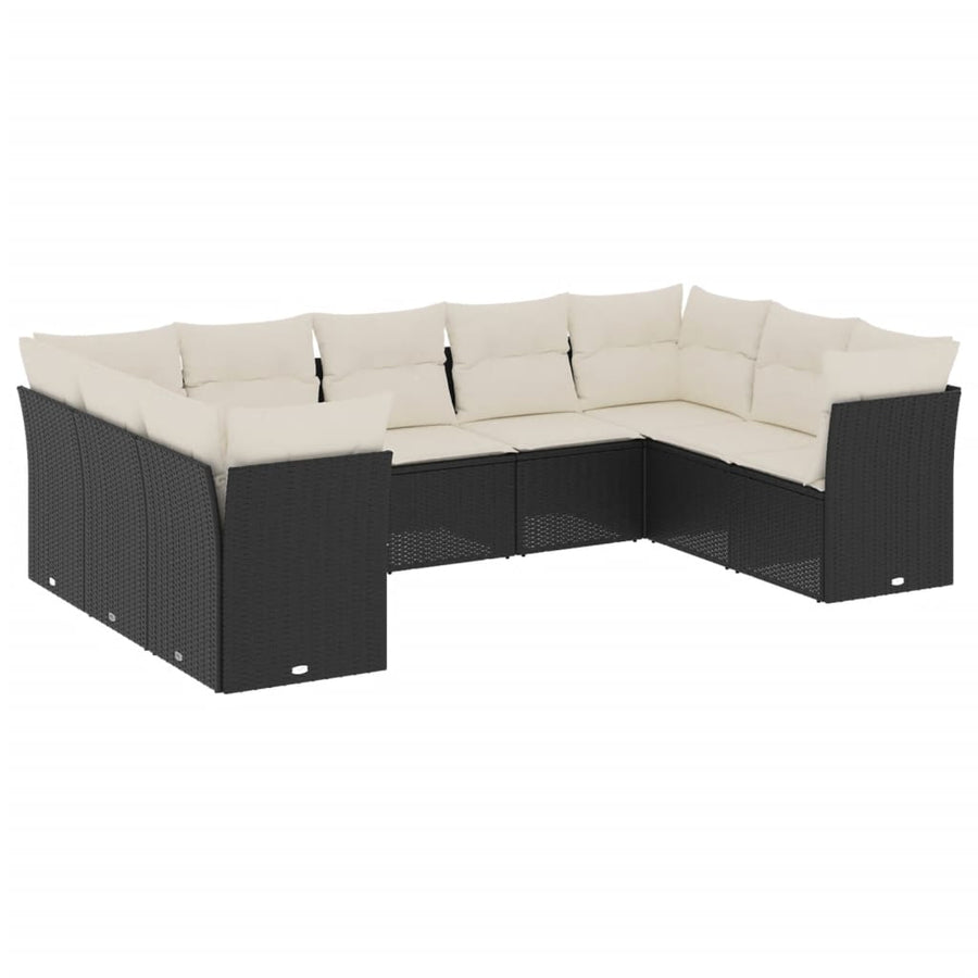 9-delige Loungeset met kussens poly rattan zwart 1 Zwart en crème