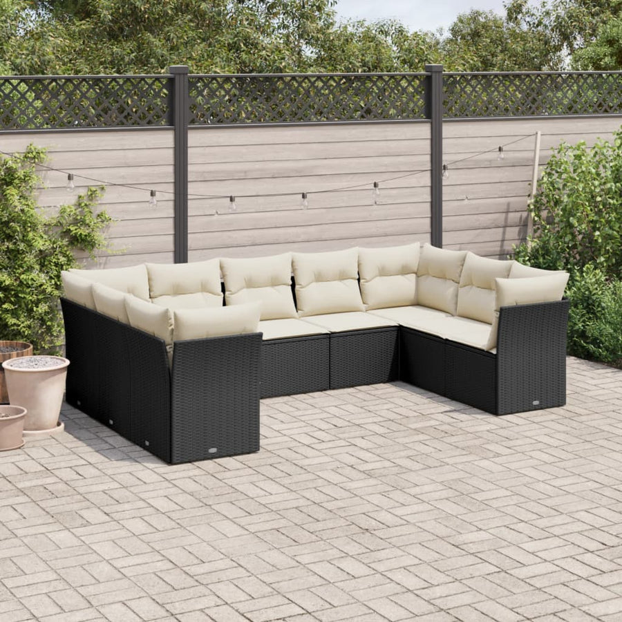 9-delige Loungeset met kussens poly rattan zwart 1 Zwart en crème