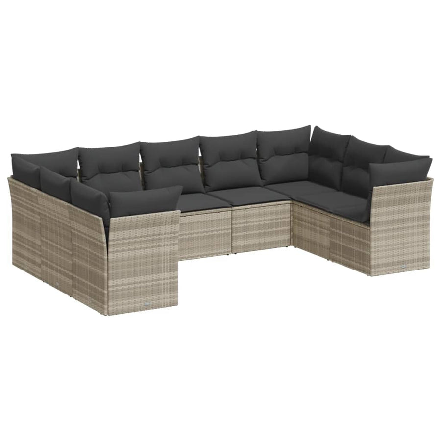 9-delige Loungeset met kussens poly rattan lichtgrijs