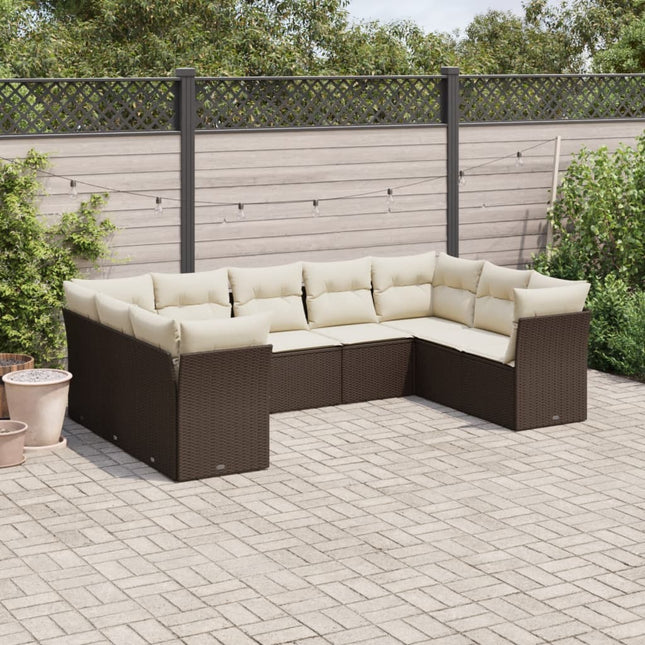 9-delige Loungeset met kussens poly rattan bruin 1 Bruin en crème