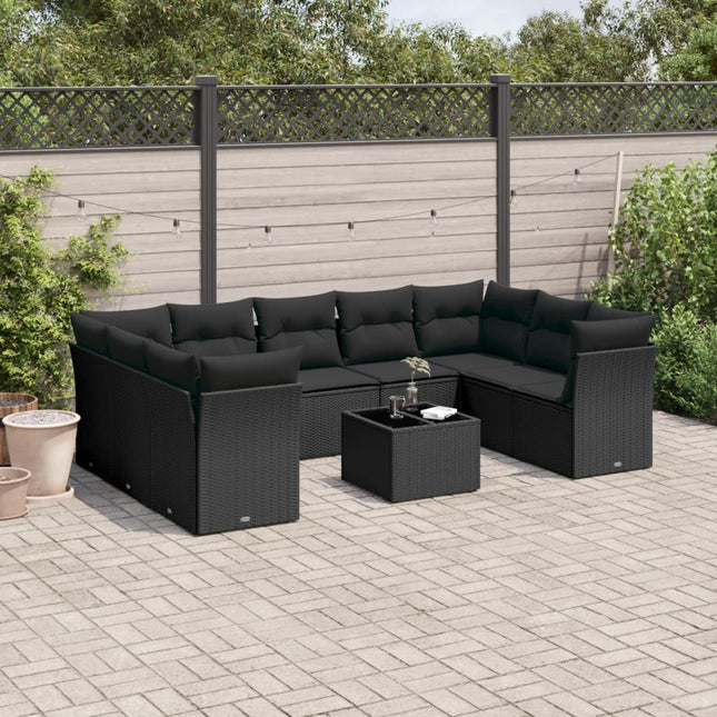 10-Delige Loungeset Met Kussens Poly Rattan Zwart