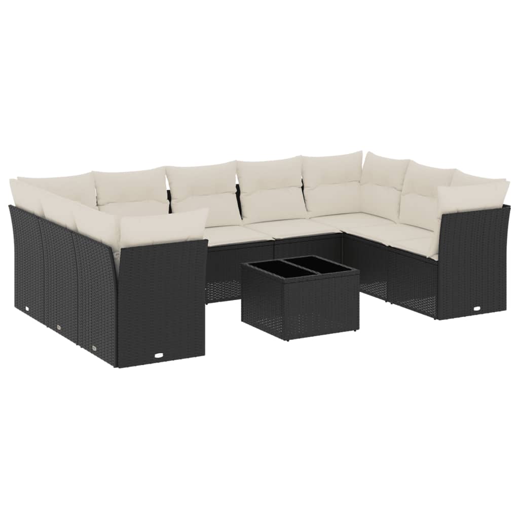 10-delige Loungeset met kussens poly rattan zwart Zwart en crème Met tafel