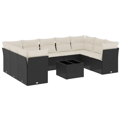 10-delige Loungeset met kussens poly rattan zwart Zwart en crème Met tafel