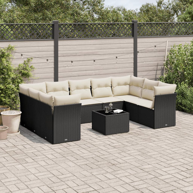 10-delige Loungeset met kussens poly rattan zwart Zwart en crème Met tafel