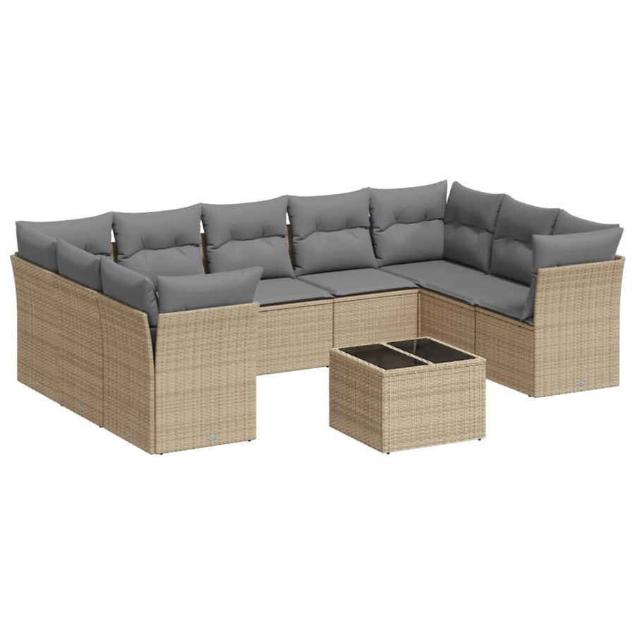 10-Delige Loungeset Met Kussens Poly Rattan Beige