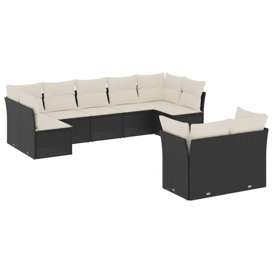 9-delige Loungeset met kussens poly rattan zwart 1 Zwart en crème