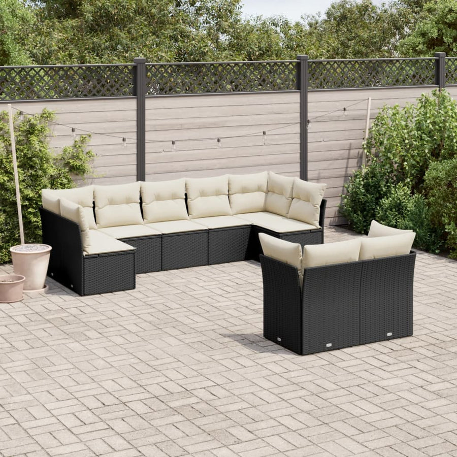 9-delige Loungeset met kussens poly rattan zwart 1 Zwart en crème