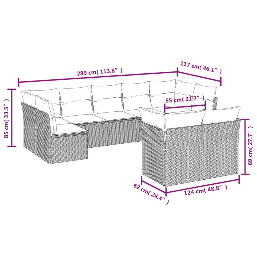 9-delige Loungeset met kussens poly rattan beige