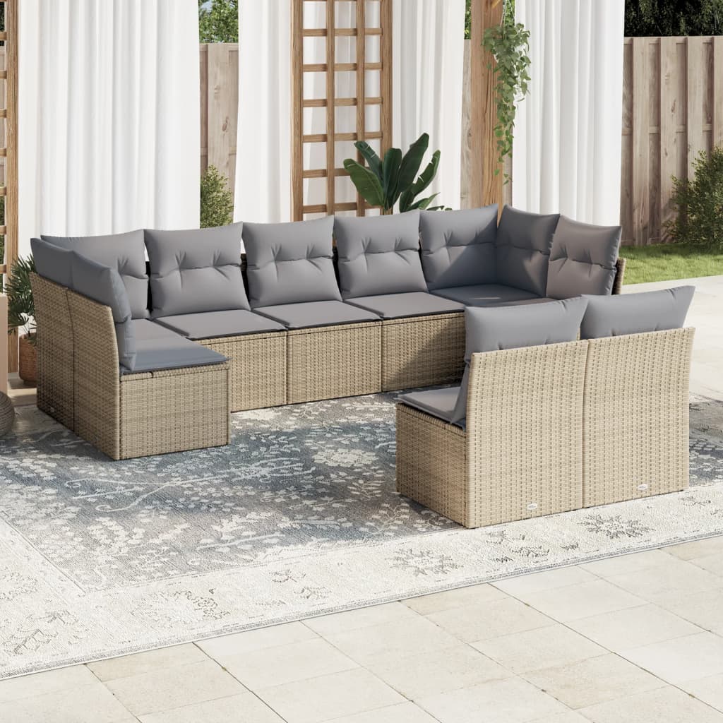 10-Delige Loungeset Met Kussens Poly Rattan Beige Blauw