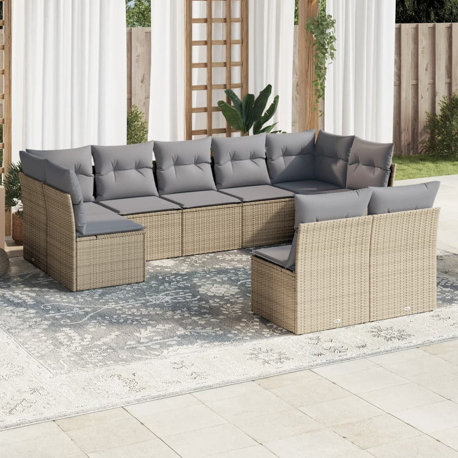 10-Delige Loungeset Met Kussens Poly Rattan Beige Blauw