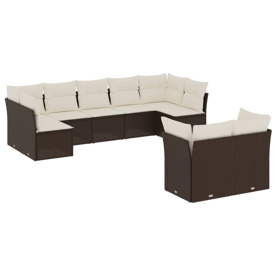 9-delige Loungeset met kussens poly rattan bruin 1 Bruin en crème
