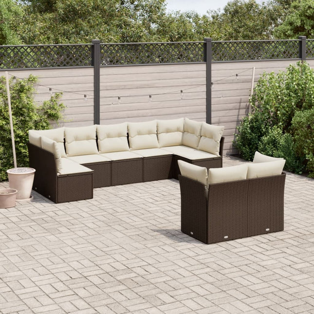 9-delige Loungeset met kussens poly rattan bruin 1 Bruin en crème