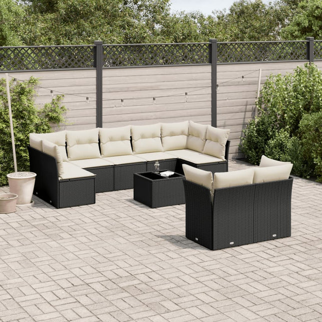 10-delige Loungeset met kussens poly rattan zwart Zwart en crème Met tafel