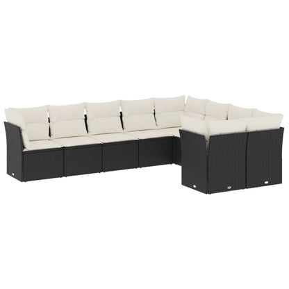 9-delige Loungeset met kussens poly rattan zwart Zwart en crème Zonder tafel