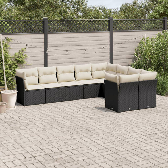 9-delige Loungeset met kussens poly rattan zwart Zwart en crème Zonder tafel