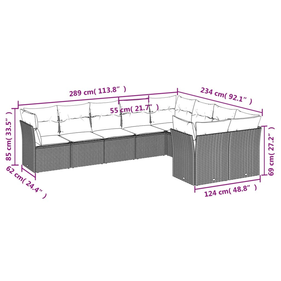 9-delige Loungeset met kussens poly rattan grijs