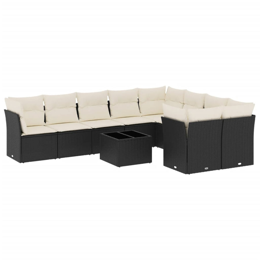 10-delige Loungeset met kussens poly rattan zwart Zwart en crème