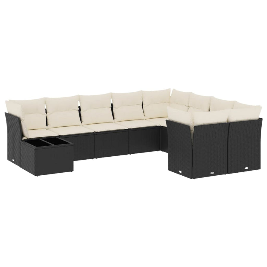 10-delige Loungeset met kussens poly rattan zwart Zwart en crème