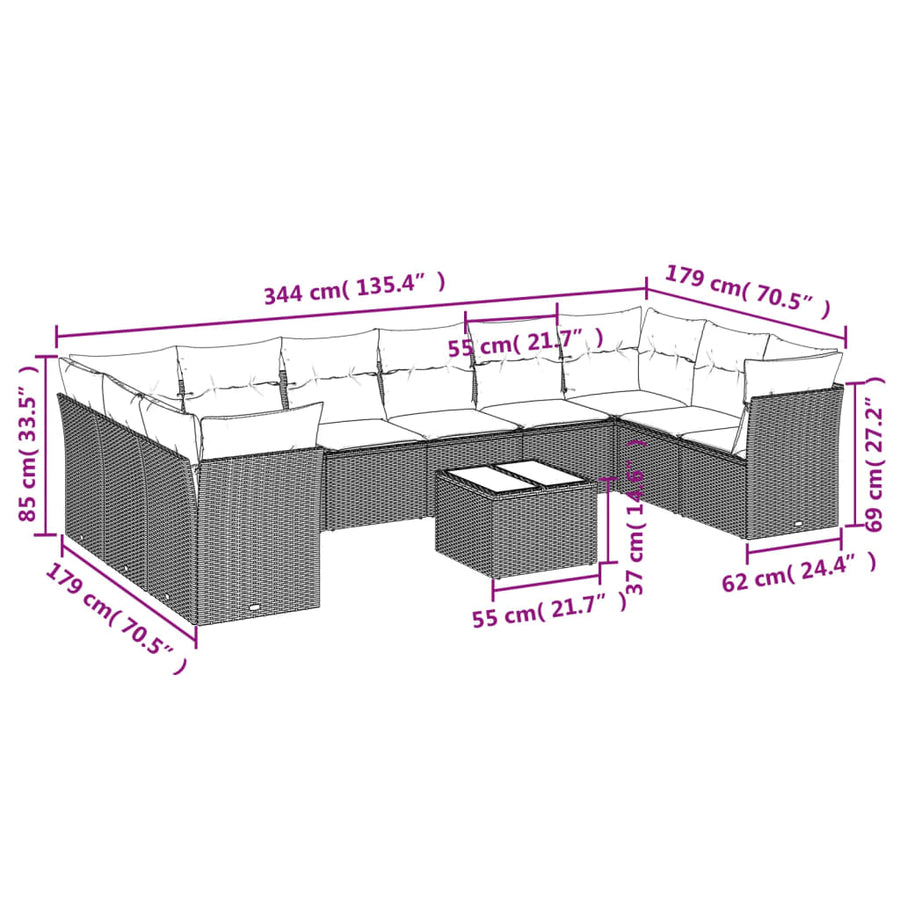 11-Delige Loungeset Met Kussens Poly Rattan Zwart