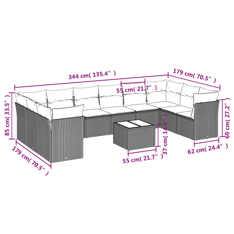 11-delige Loungeset met kussens poly rattan lichtgrijs