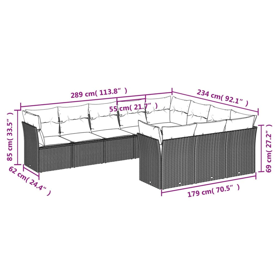 10-delige Loungeset met kussens poly rattan bruin Bruin en crème