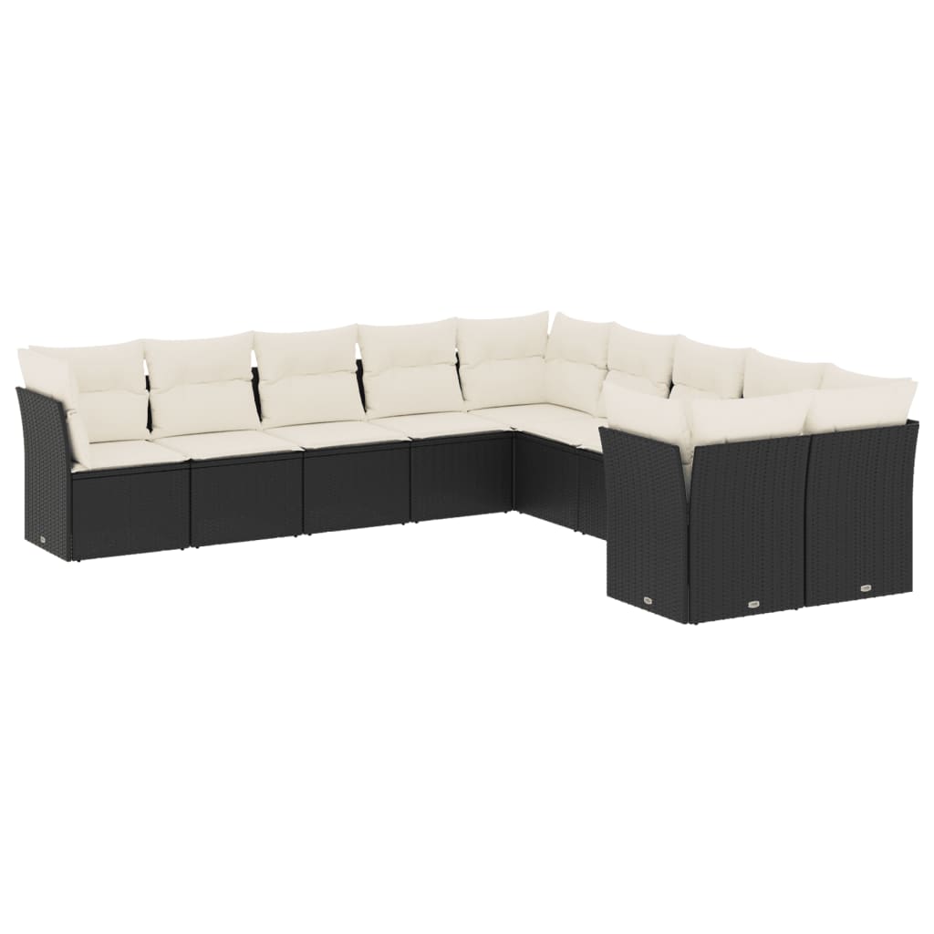 10-delige Loungeset met kussens poly rattan zwart Zwart en crème