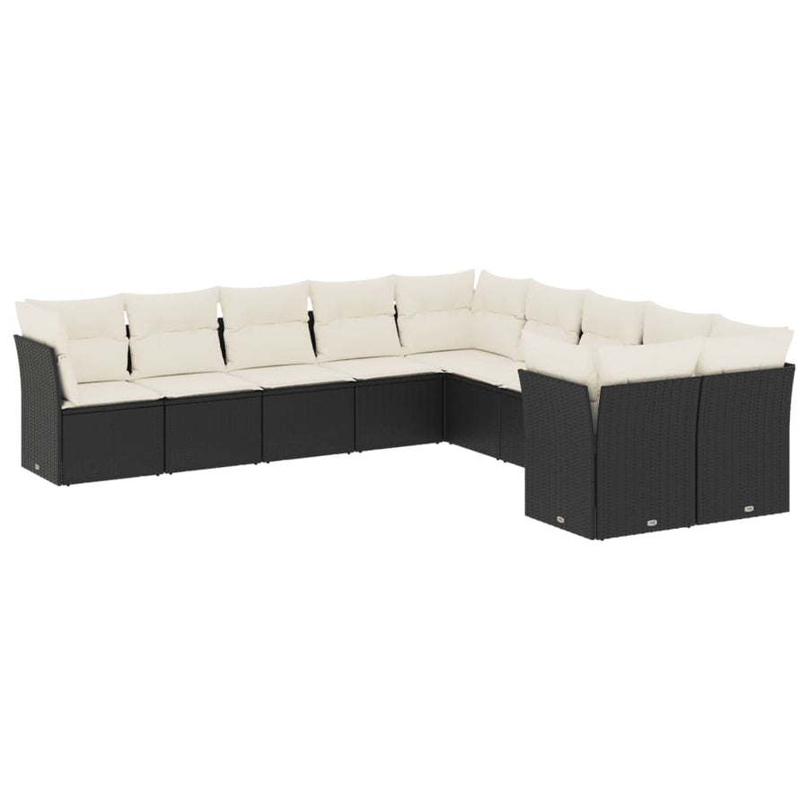 10-delige Loungeset met kussens poly rattan zwart Zwart en crème