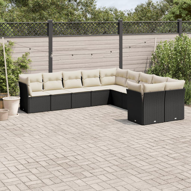 10-delige Loungeset met kussens poly rattan zwart Zwart en crème