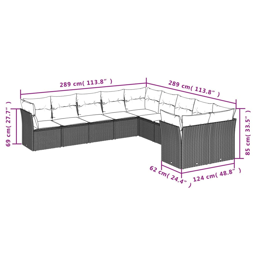 10-Delige Loungeset Met Kussens Poly Rattan Grijs