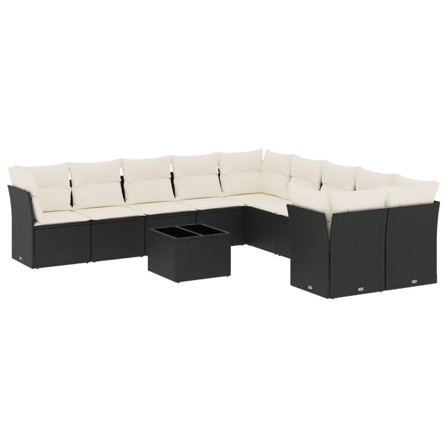 11-delige Loungeset met kussens poly rattan zwart Zwart en crème Met tafel
