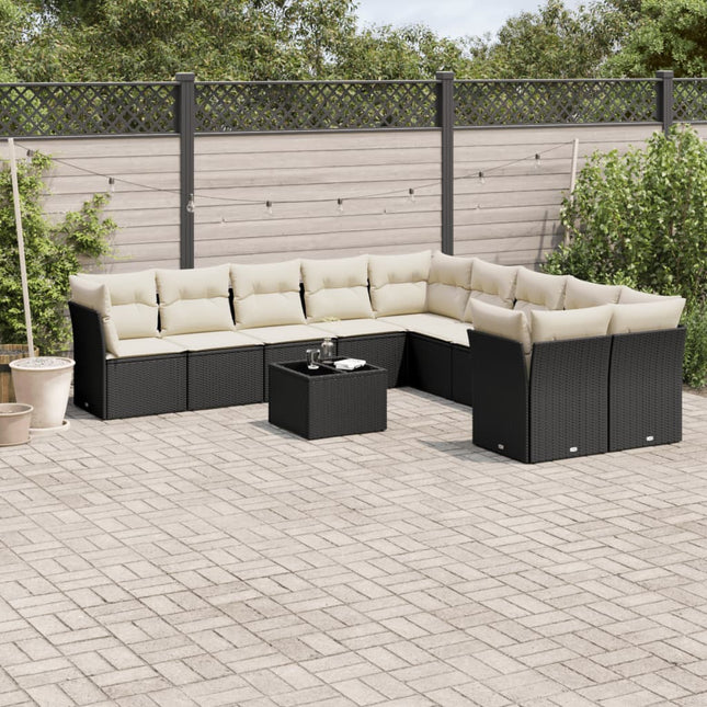 11-delige Loungeset met kussens poly rattan zwart Zwart en crème Met tafel