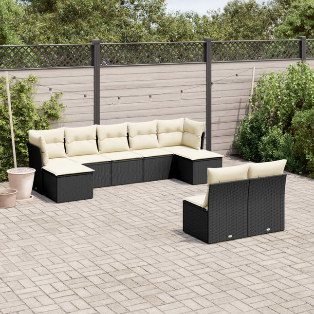 9-delige Loungeset met kussens poly rattan zwart 1 Zwart en crème