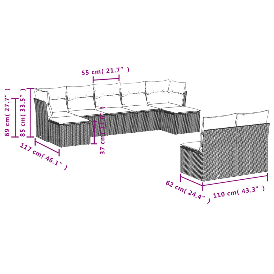 9-delige Loungeset met kussens poly rattan bruin