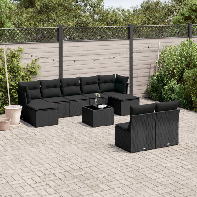 10-delige Loungeset met kussens poly rattan zwart Zwart Met tafel