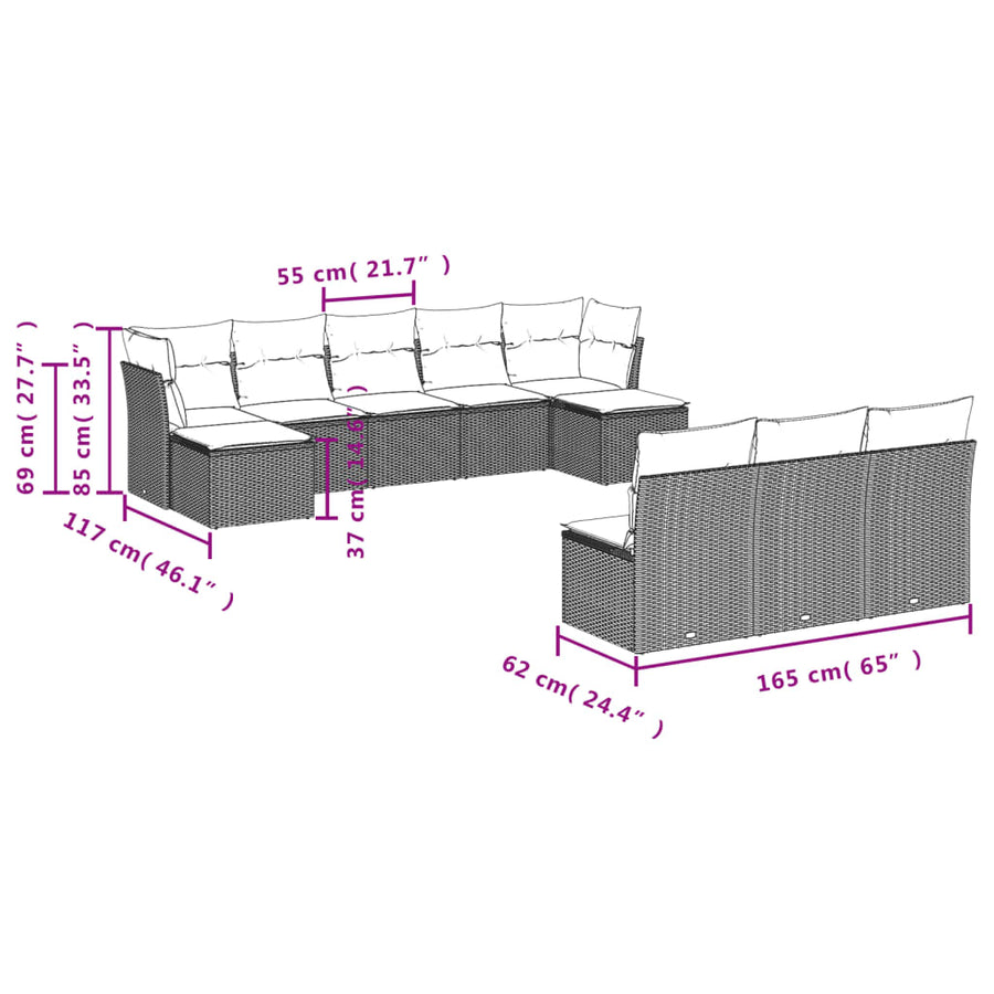 10-Delige Loungeset Met Kussens Poly Rattan Grijs