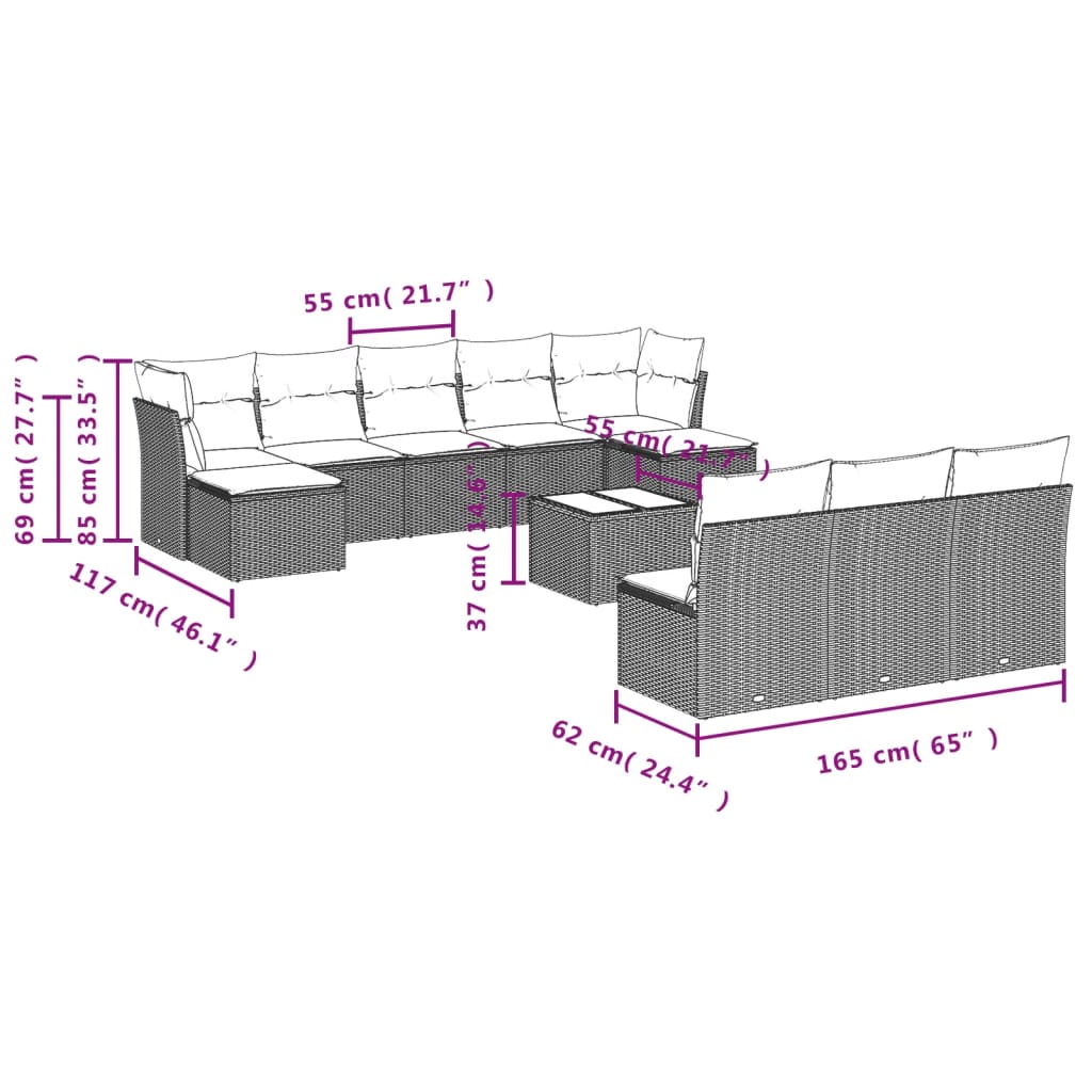11-Delige Loungeset Met Kussens Poly Rattan Zwart