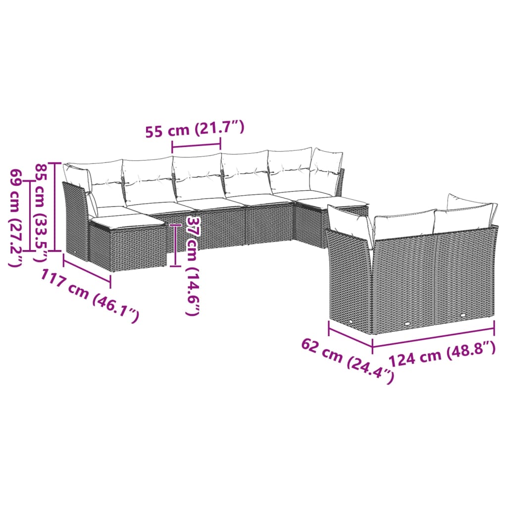 9-delige Loungeset met kussens poly rattan lichtgrijs