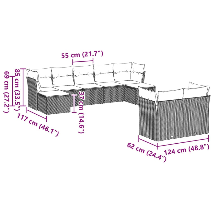 9-delige Loungeset met kussens poly rattan lichtgrijs
