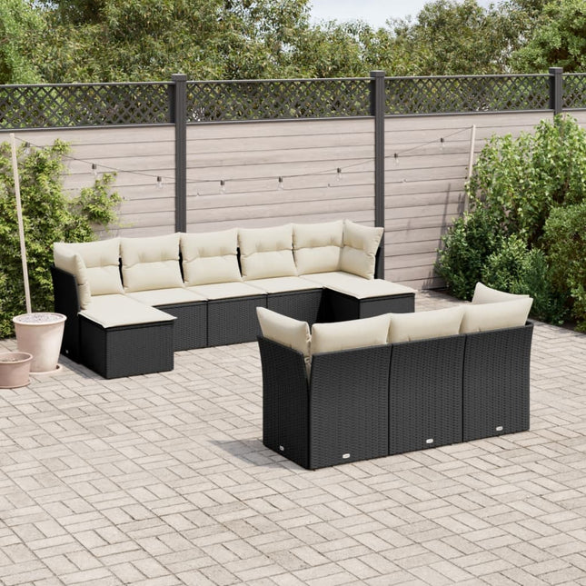 10-delige Loungeset met kussens poly rattan zwart Zwart en crème