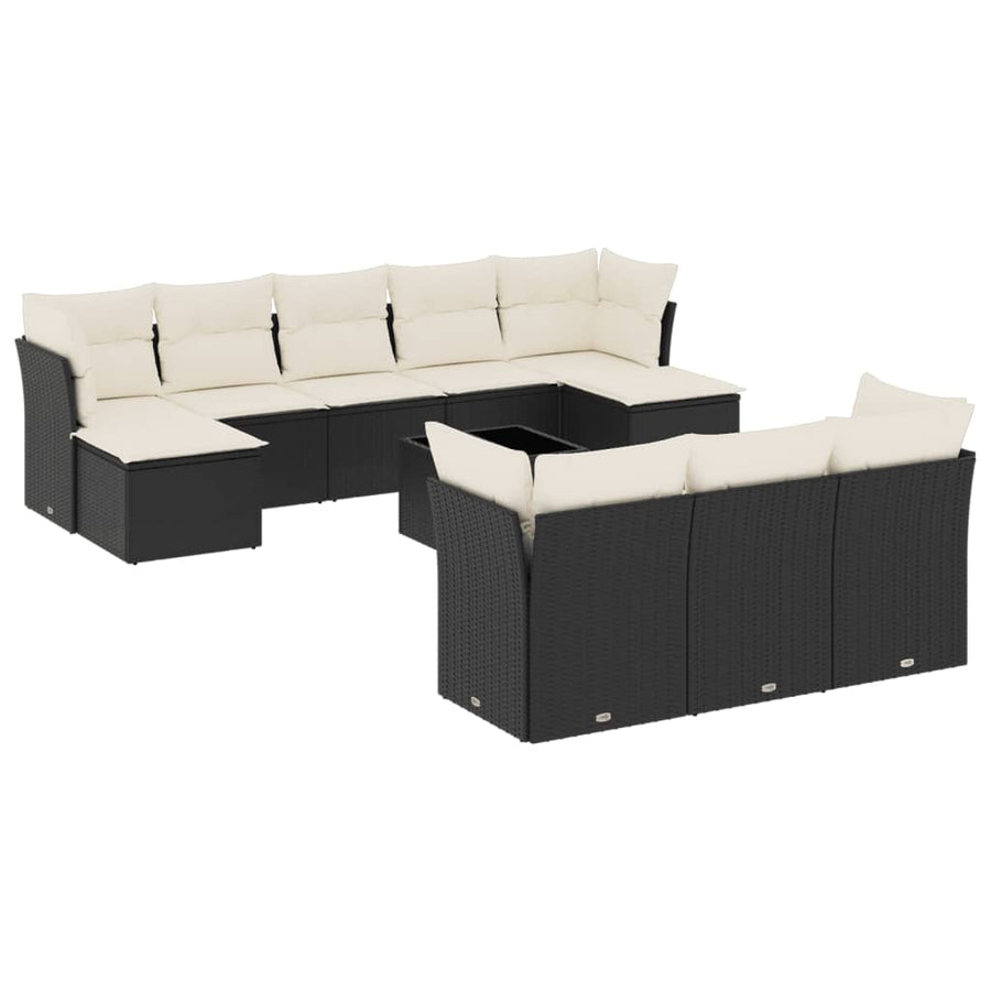 11-delige Loungeset met kussens poly rattan zwart Zwart en crème Met tafel