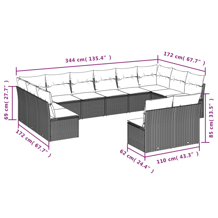 12-Delige Loungeset Met Kussens Poly Rattan Zwart
