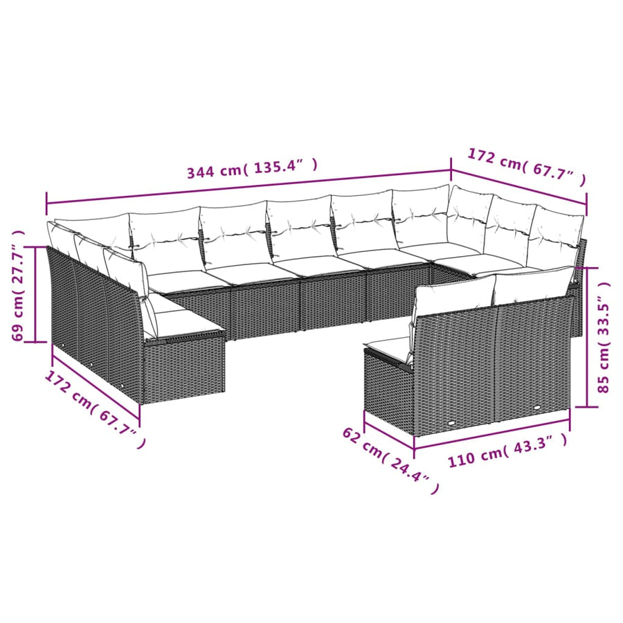 12-delige Loungeset met kussens poly rattan grijs Grijs