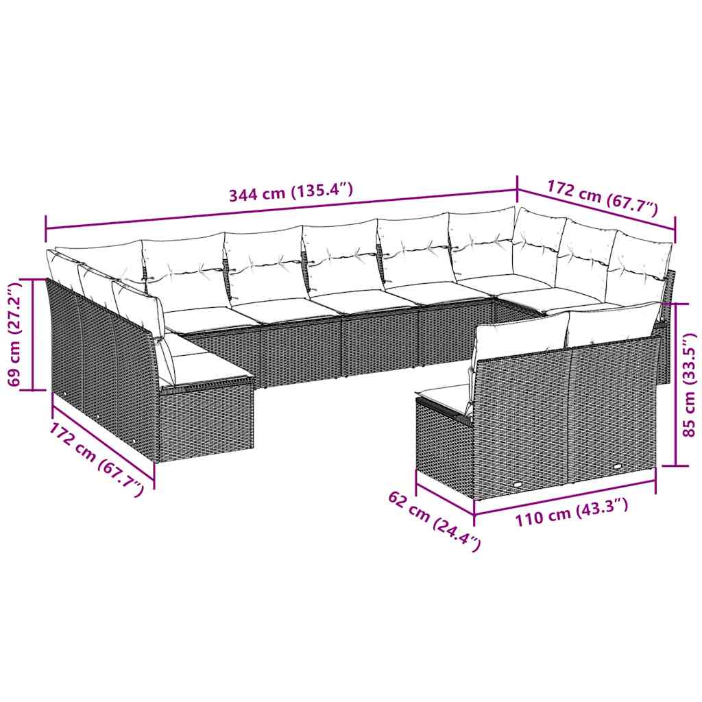 12-delige Loungeset met kussens poly rattan lichtgrijs