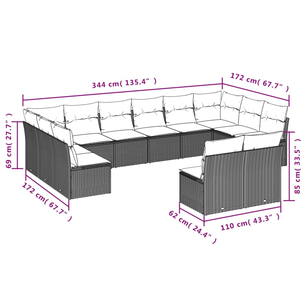 2-delige Loungeset met kussens poly rattan Bruin en crème Zonder tafel
