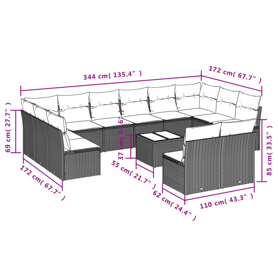 13-delige Loungeset met kussens poly rattan grijs Grijs Met tafel